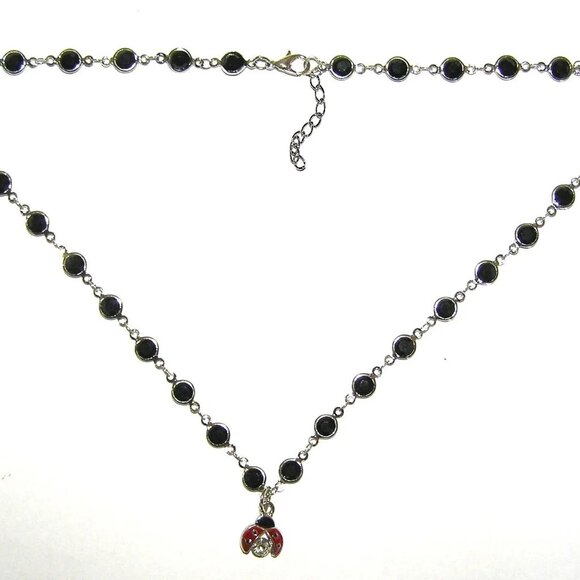 Lucky Ladybug Necklace, Black Crystal With Ladybird Charm With White CZ, NEW - Picture 2 of 2